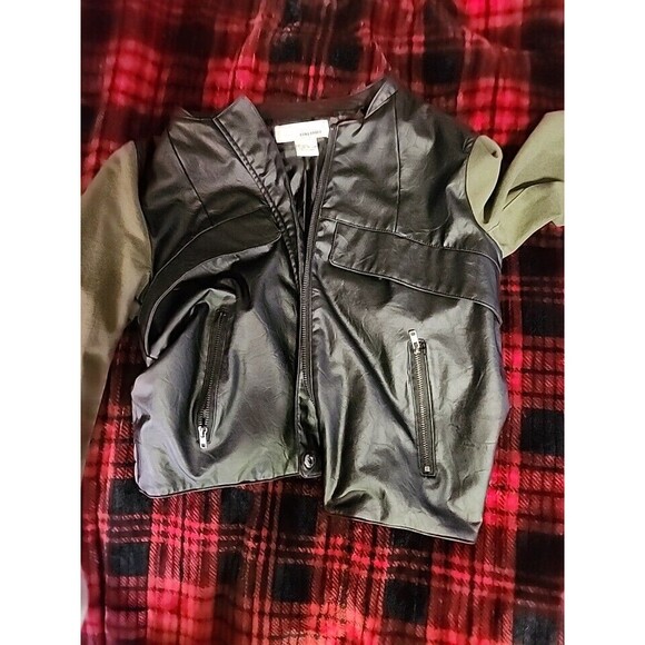 Sans Souci Black Faux Leather Green Army Sleeves Hidden Zip Jacket - Size Small - Picture 2 of 14